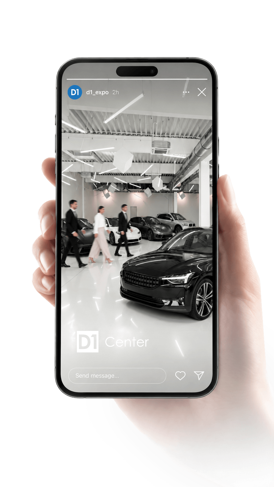 Hand mit Smartphone und einer Instagram-Story aus der D1-Center-Produktion